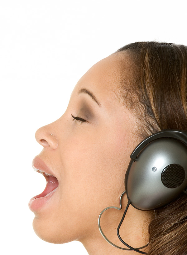 Girl singing headshot on white background